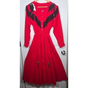 VTG Western Collection Red Rodeo Dress Fringe Concho Wolf M USA Circle Skirt